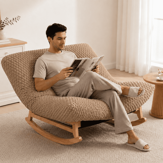 LEGAHOME Oversized Rocking Accent Chair Indoor, 41.3in Papasan Rocking Lounge Chair for Adults with Corduroy Cushion, Plush Reading Nook Chair for Living Room, Solid Wood Base, Khaki