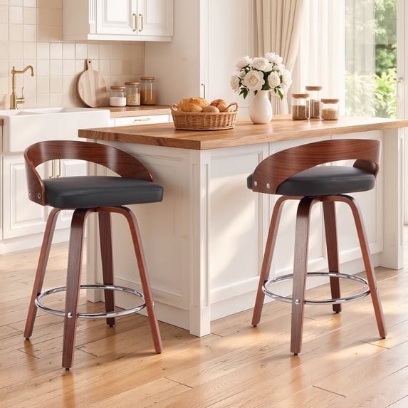 LEGAHOME Swivel Bar Stools Set of 2, 25” Upholstered Counter Height Stools with Low Back and Round Footrest, Mid-Century Barstools with Wooden Legs for Kitchen, Bar, Walnut + Black