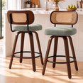 thumbnail image 1 of LEGAHOME Swivel Bar Stools Set of 2, 26” Upholstered Counter Height Bar Stools with Cane Rattan Back and Wood Legs, Mid-Century Modern Barstools for Kitchen Island, 300 lbs, Walnut + Light Green, 1 of 9