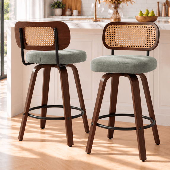 LEGAHOME Swivel Bar Stools Set of 2, 26” Upholstered Counter Height Bar Stools with Cane Rattan Back and Wood Legs, Mid-Century Modern Barstools for Kitchen Island, 300 lbs, Walnut + Light Green