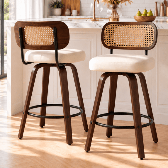 LEGAHOME Swivel Bar Stools Set of 2, 26” Upholstered Counter Height Bar Stools with Cane Rattan Back and Wood Legs, Mid-Century Modern Barstools for Kitchen Island, 300 lbs, Walnut + Beige