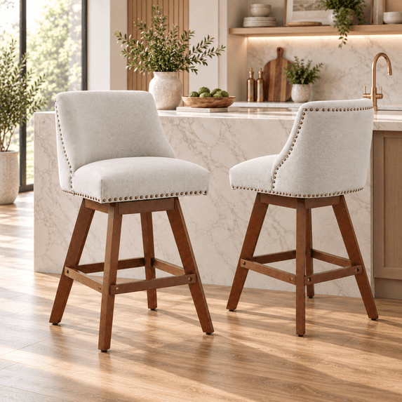 LEGAHOME Swivel Bar Stools Set of 2, 26” Upholstered Counter Height Bar Stools with Curved Backrest and Nailhead Trim, Modern Bar Stools with Wood Legs for Kitchen Island, Bar, Dining Room, Beige