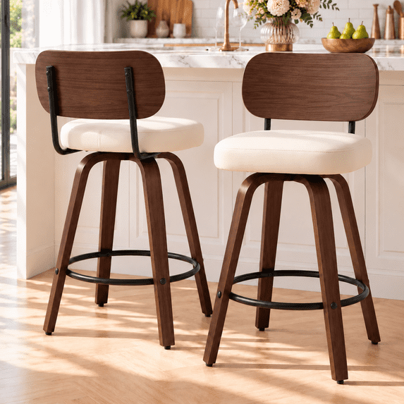 LEGAHOME Swivel Bar Stools Set of 2, 26” Upholstered Counter Height Bar Stools with Curved Backrest and Wood Legs, Mid-Century Modern Barstools for Kitchen Island, 300 lbs, Walnut + Beige
