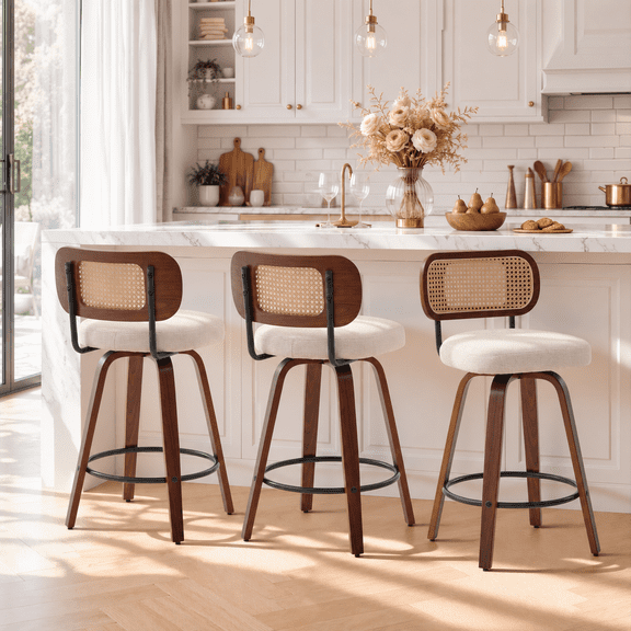 LEGAHOME Swivel Bar Stools Set of 3, 26” Upholstered Counter Height Bar Stools with Rattan Back and Wood Legs, Mid-Century Modern Barstools for Kitchen Island, 300 lbs, Walnut Beige