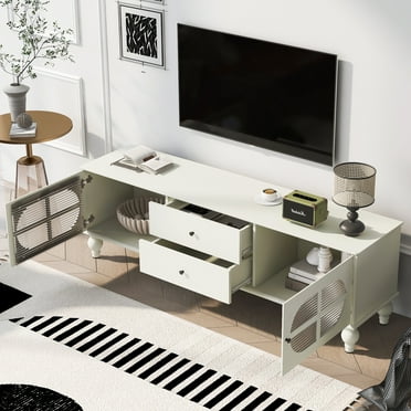 LEGAHOME TV Stand for 75 Inch TV, Modern TV Cabinet with Fluted Glass Doors and Solid Wood Legs, Entertainment Center Media Console, Antique White