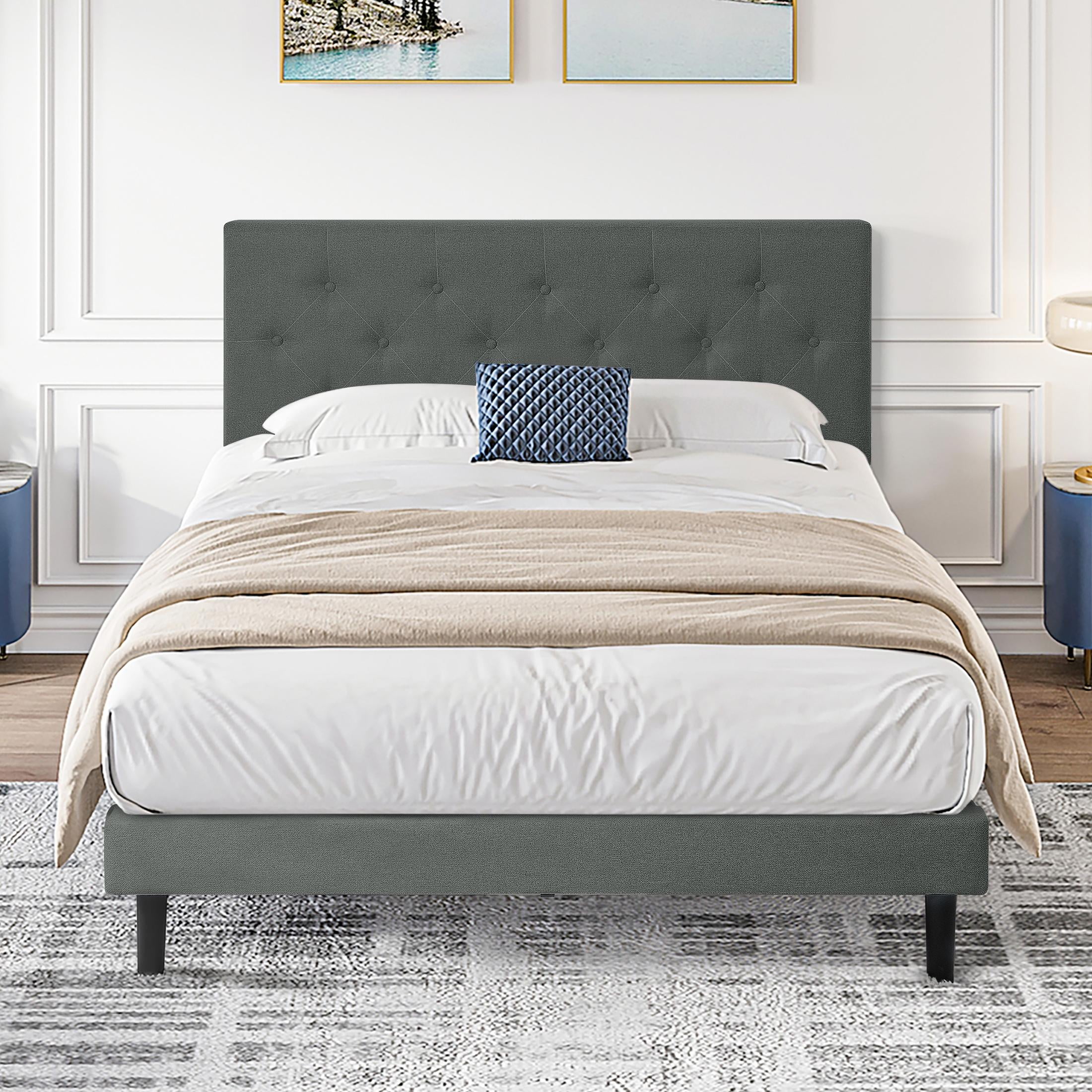LEGAHOME Twin Bed Frame, Upholstered Platform Bed with Button Tufted Linen Fabric Headboard, Modern Twin Size Bed, Heavy Duty Single Bed Frame, No Box Spring Needed, Wood Slat Support, Drak Gray