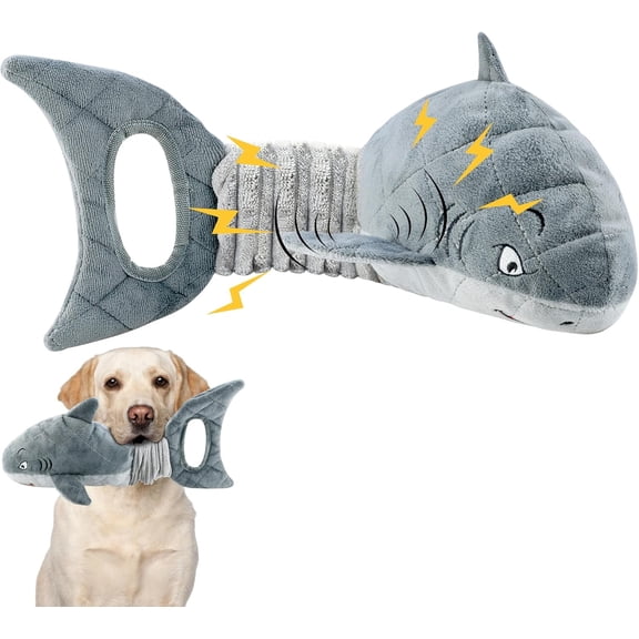 LEGEND SANDY Dog Toys for Large Dogs, Dog Chew Toys to Keep Them Busy, Interactive Squeaky Pet Toys, Tug of War, Crinkle Grey Shark