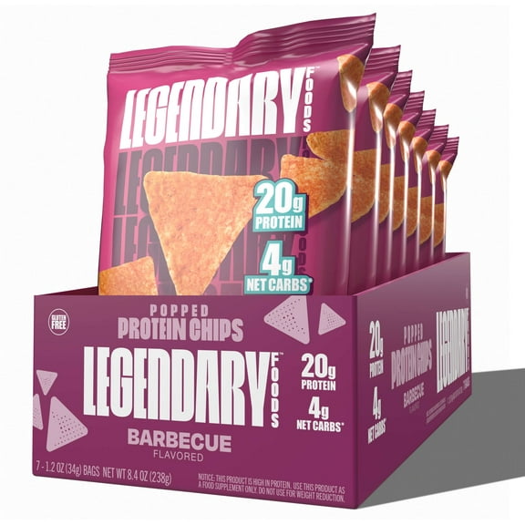 Legendary Foods Barbecue Popped Protein Chips 7 Pack, High Protein Low Carb Snack, 1.2 oz Bags