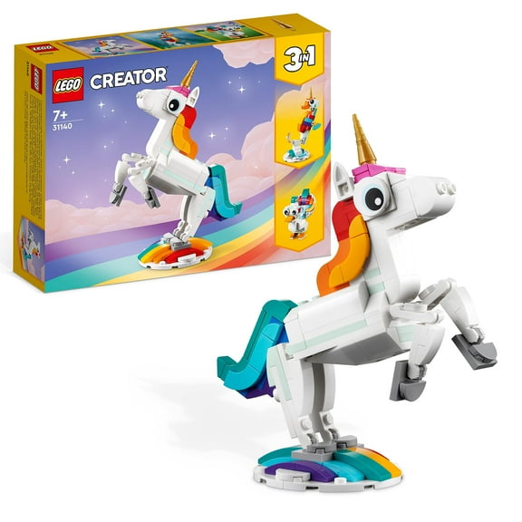 LEGO 31140 Creator 3 in 1 Magical Unicorn Toy to Seahorse to Peacock, Rainbow Animal Figures, U