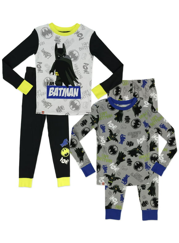 LEGO Batman Boy's Pajama 2-for-1 Set, 4-Piece Cotton Pajama Sets, Black/Grey, Little Kid Size 4
