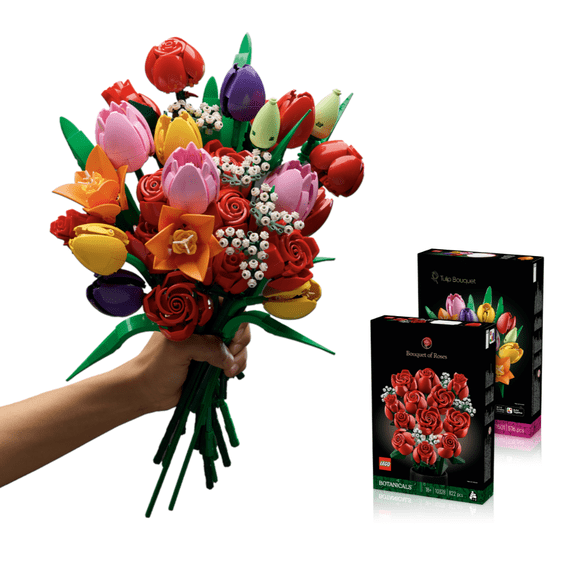 LEGO Botanicals Red Roses & Tulips Bundle - Building Sets for Adults, Ages 18+ - Mother's Day Gifts - Artificial Flowers Home Office, Bedroom Decor - 10328 & 11501