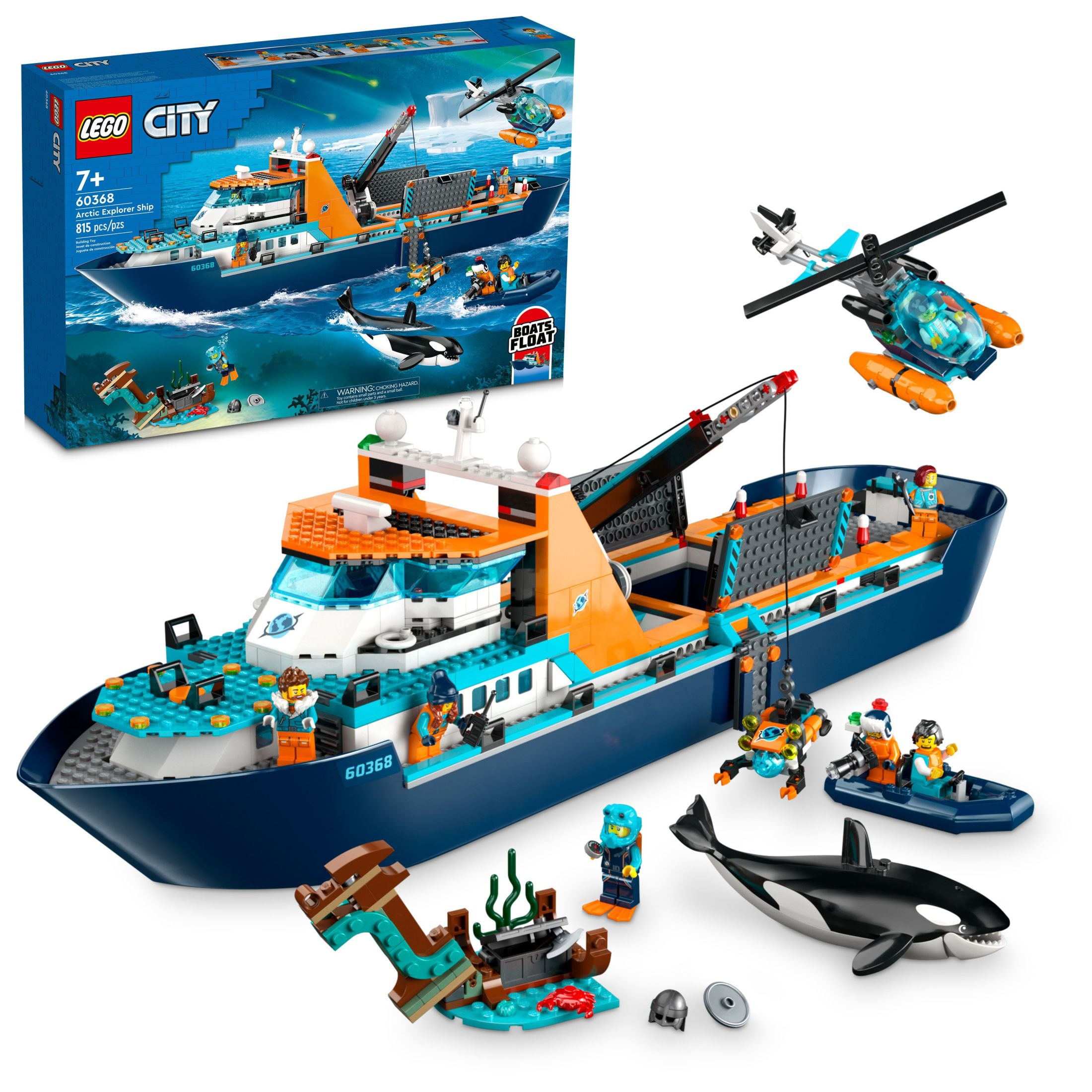 LEGO City Arctic Explorer Ship 60368 Building Toy Set, Fun Toy Gift for 7  year old Boys and Girls, with a Floatable Boat, Helicopter, Dinghy, ROV  Sub, Viking Shipwreck, 7 Minifigures and