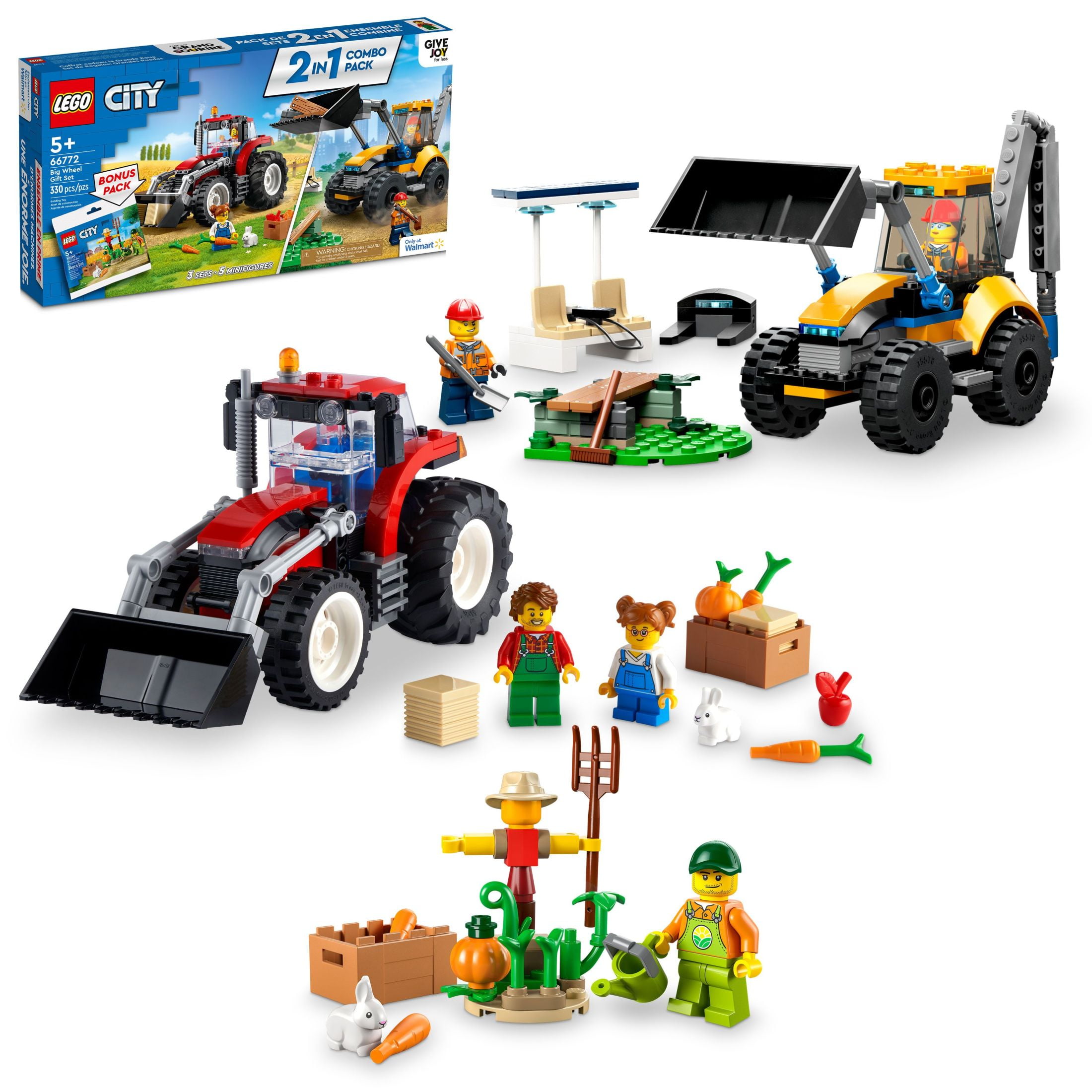 LEGO City Big Wheel Gift Set, 2in1 Tractor and Construction Digger Building  Toy Sets Plus Farm Garden & Scarecrow Bonus Pack, Great Gift for Boys and