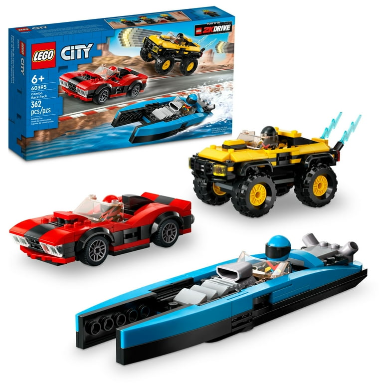 LEGO City Combo Race 60395 Toy Car Building Set, a Sports Car, SUV, Speedboat and 3 Driver Minifigures, Fun Toy for 6 Year Old Boys and Girls and Fans of