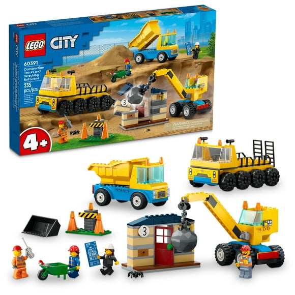LEGO City Construction Trucks and Wrecking Ball Crane Building Toys - Pretend Play Toy & Figures Playset for Boys & Girls, Ages 4+ - Gift Idea for Kids - Includes 3 Minifigures and Trucks - 60391