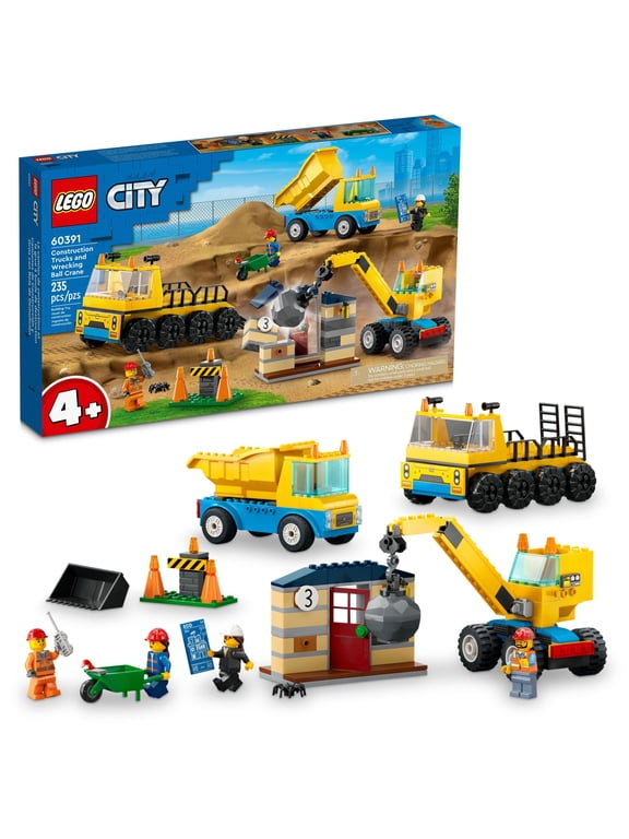 City Construction Trucks and Wrecking Ball Crane Building Toys - Pretend Play Toy & Figures Playset for Boys & Girls, Ages 4+ - Gift Idea for Kids - Includes 3 Minifigures and Trucks - 60391