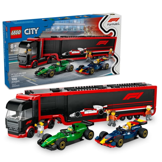 LEGO City F1 Truck with RB20 & AMR24 F1 Car Toys - Model Car Building Toy Set for Kids, Boys and Girls, Ages 8+ - F1 Collectible for Fans - Gift Idea for Birthdays - 60445