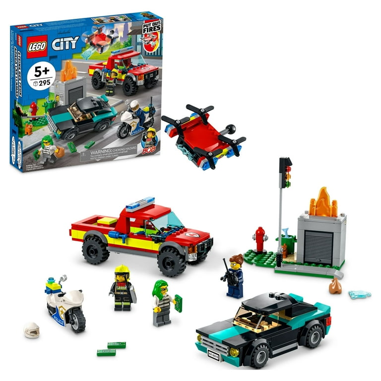 LEGO City Fire Rescue & Police Chase 60319 Building Kit for Ages 5+; With a  Fire Pickup, Police Motorbike, Crook's Vehicle, Toy Traffic Light and  Flames, Plus 3 Minifigures (295 Pieces) 