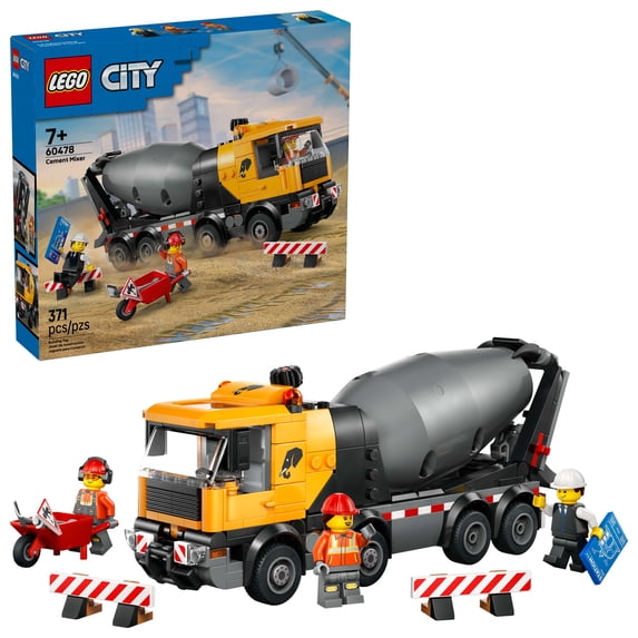 LEGO City Cement Mixer Truck Building Toy for Boys & Girls, Ages 7+ - Pretend Play Construction Toy W/ Rotating Drum & 3 Worker Minifigures - Gift Idea for Birthdays - 60478