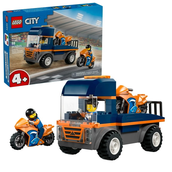 LEGO City Motorcycle Transporter Building Toy for Boys & Girls - Pretend Play Set for Preschool Kids, Ages 4+ - Flatbed Truck Toy W/2 Toy Motorcycles & 2 Minifigures - Gift Idea for Birthdays - 60491