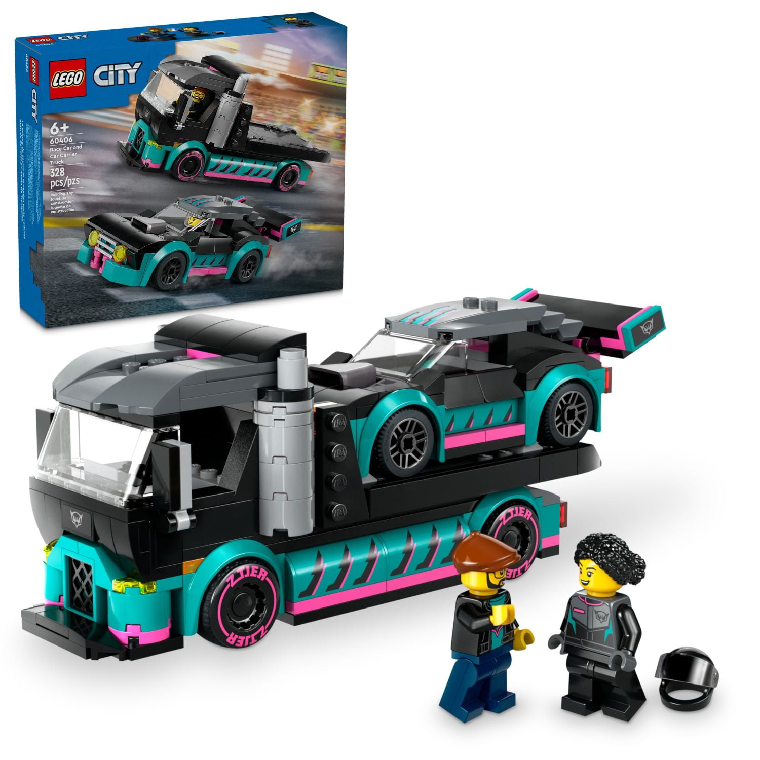 LEGO City Black and Teal Race Car Carrier Truck Building Set