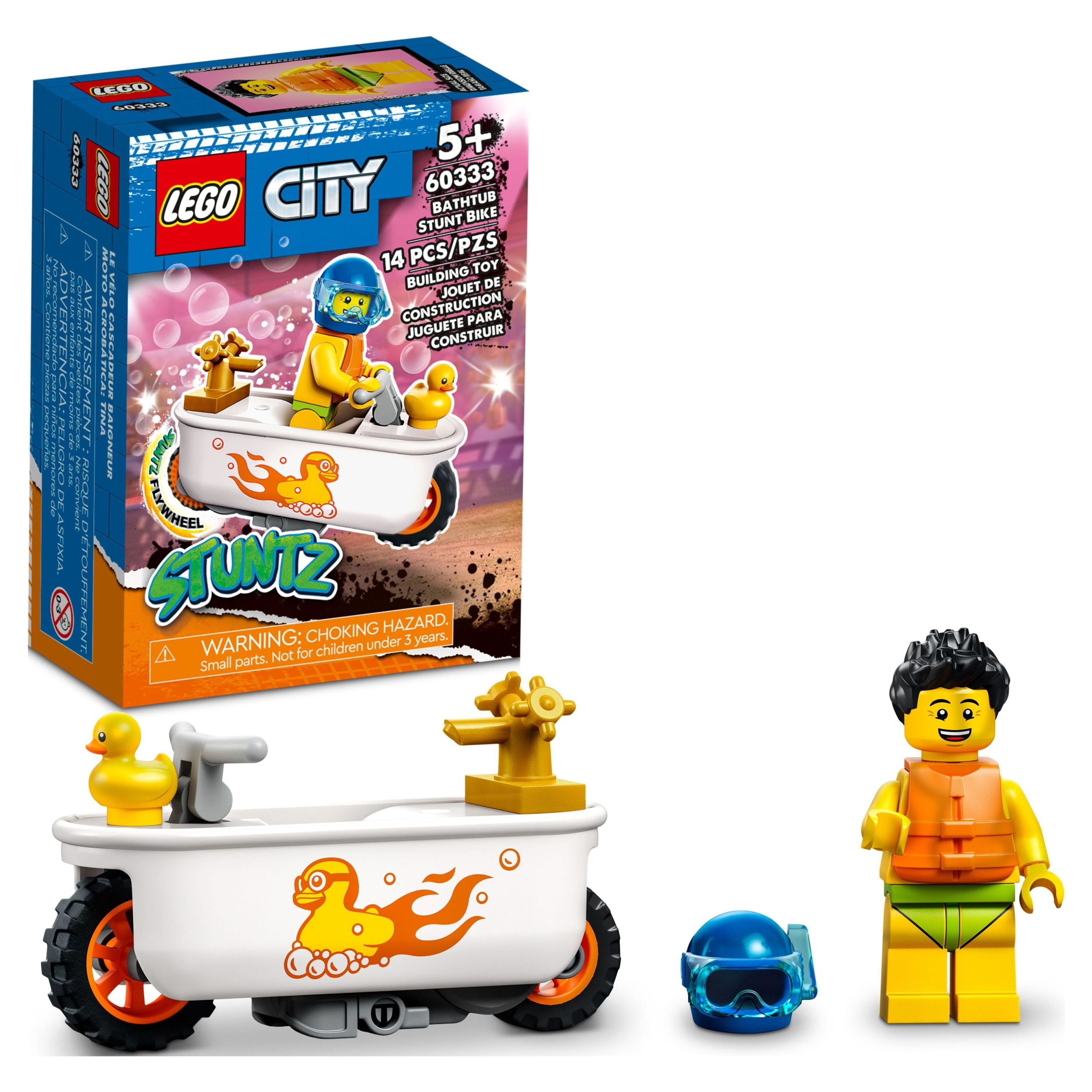 LEGO City Stuntz Bathtub Stunt Bike with Racer Minifigure, Flywheel-Powered Toy