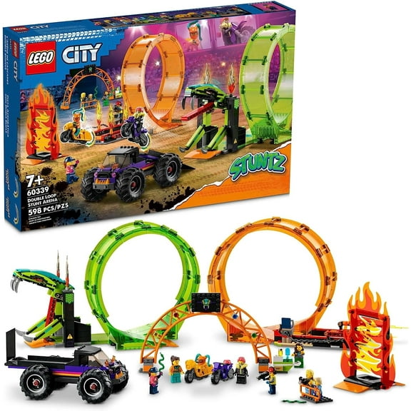 LEGO City Stuntz Double Loop Stunt Arena 60339, Monster Truck Playset with 2 Toy Motorcycles, Ramp, Wall of Flames, Ring of Fire, Snapping Snake Loop and 7 Minifigures