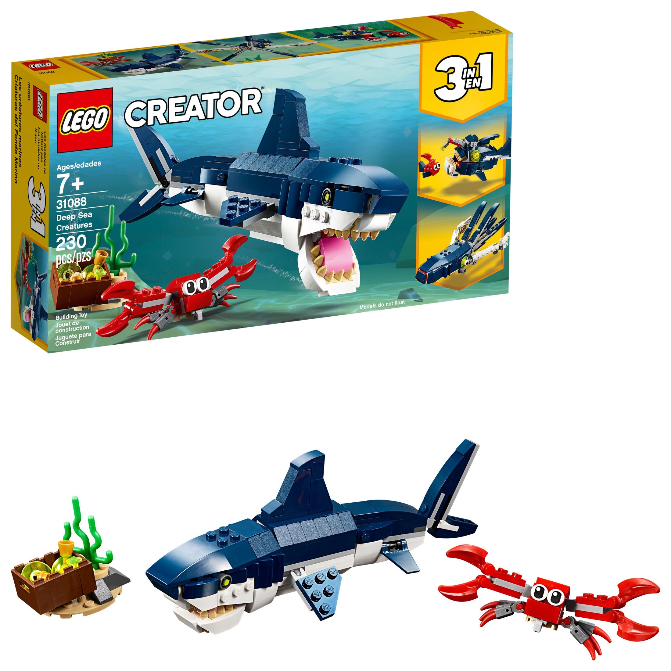 LEGO Creator 3 in 1 Deep Sea Creatures, Transforms from Shark and Crab to Squid to Angler Fish, Sea Animal Toys, Gifts for 7 Plus Year Old Girls and Boys, 31088 - image 1 of 6
