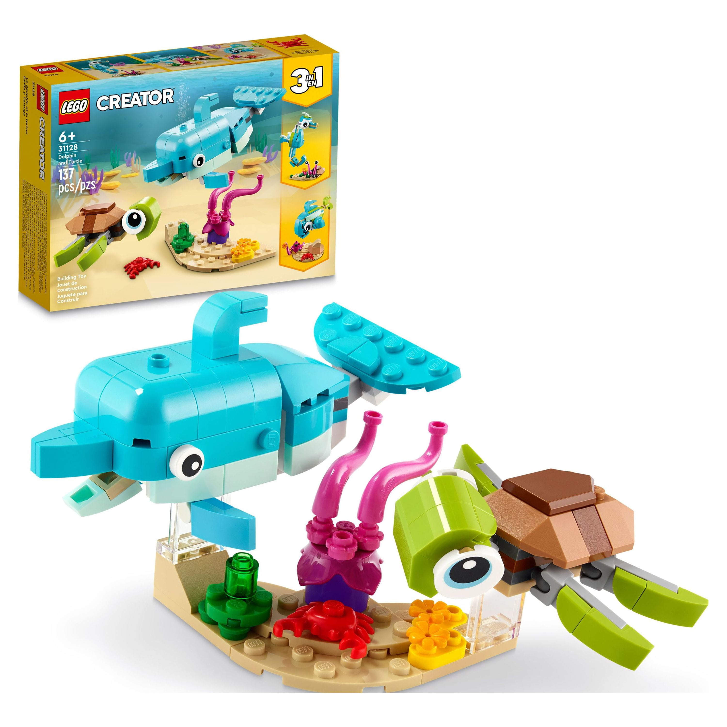 LEGO Creator 3 in 1 Dolphin and Turtle Toys for Kids, Transforms to Seahorse and Sea Snail or to Swimming Fish and Crab, Toy Sea Animal Figures Building Set for Kids 6 Plus Years Old, 31128