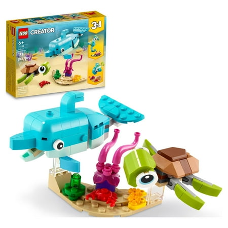 LEGO Creator 3 in 1 Dolphin and Turtle Toys for Kids, Transforms to Seahorse and Sea Snail or to Swimming Fish and Crab, Toy Sea Animal Figures Building Set for Kids 6 Plus Years Old, 31128