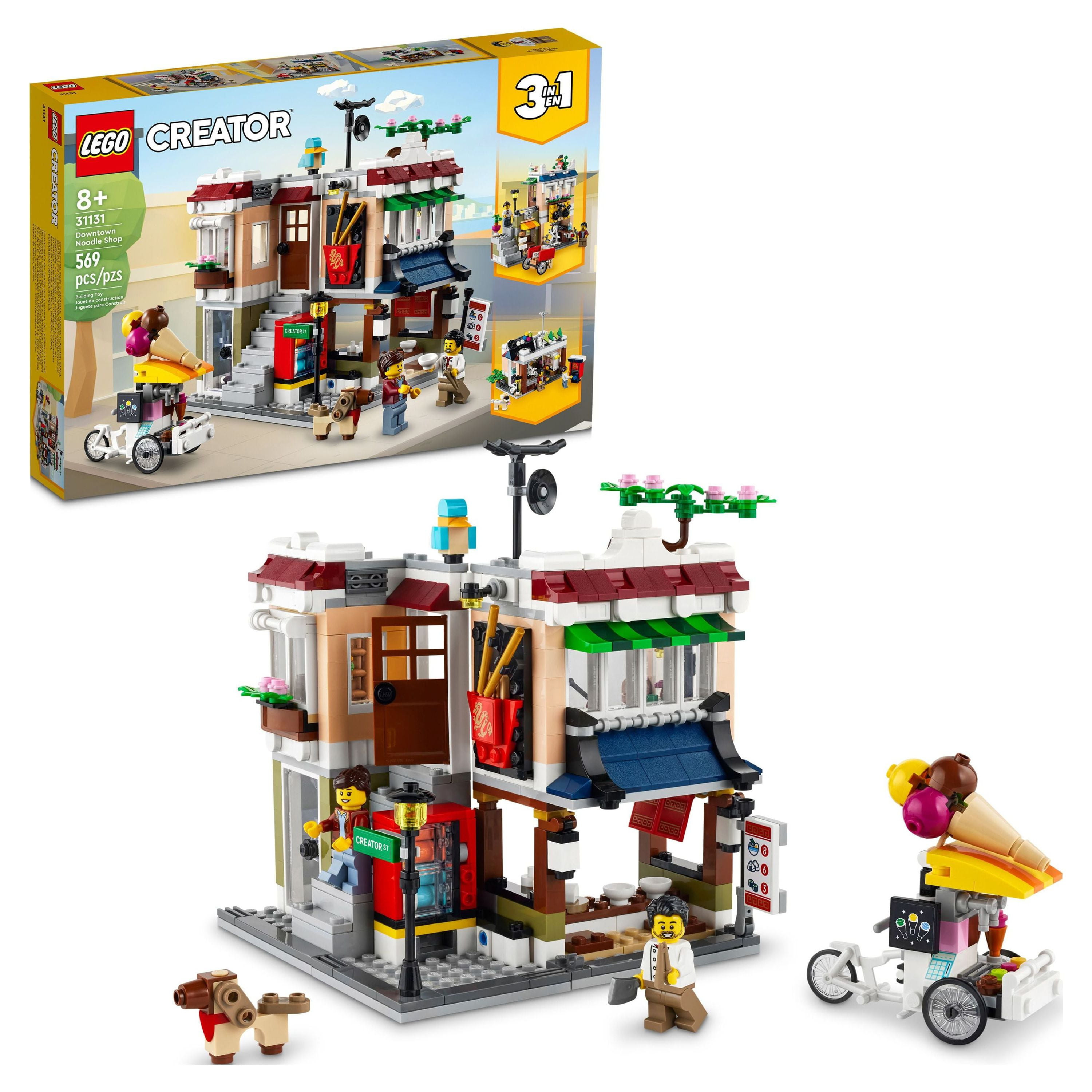 LEGO Creator 3 in 1 Downtown Noodle Shop House, Transforms from Noodle Shop to Bike Shop to Arcade, Modular Building Set, Toy Gift for Kids 8 Years and Up, 31131