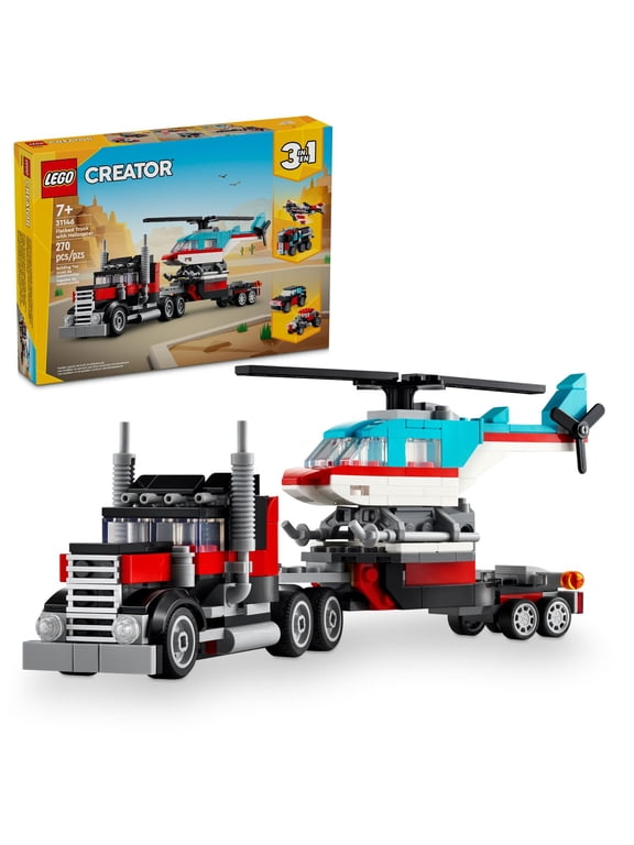 Creator 3 in 1 Flatbed Truck with Helicopter Toy, Transforms from Flatbed Truck Toy to Propeller Plane to Hot Rod and SUV Car Toys, Gift Idea for Boys and Girls Ages 7 Years Old and Up, 31146