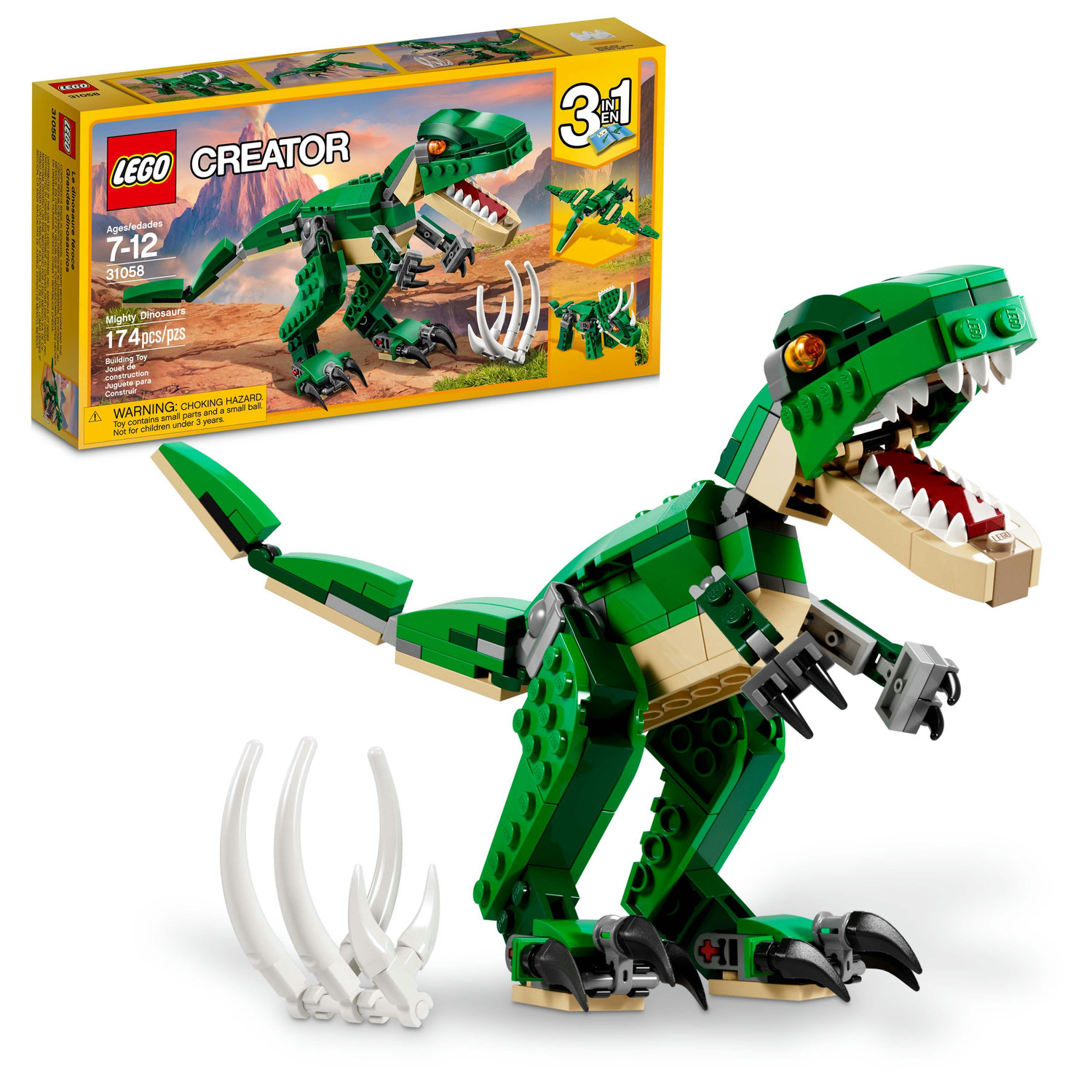 LEGO Creator 3 in 1 Mighty Dinosaur Toy, Transforms from T. rex to Triceratops to Pterodactyl Dinosaur Figures, Great Gift for 7 - 12 Year Old Boys & Girls, 31058 - image 1 of 4