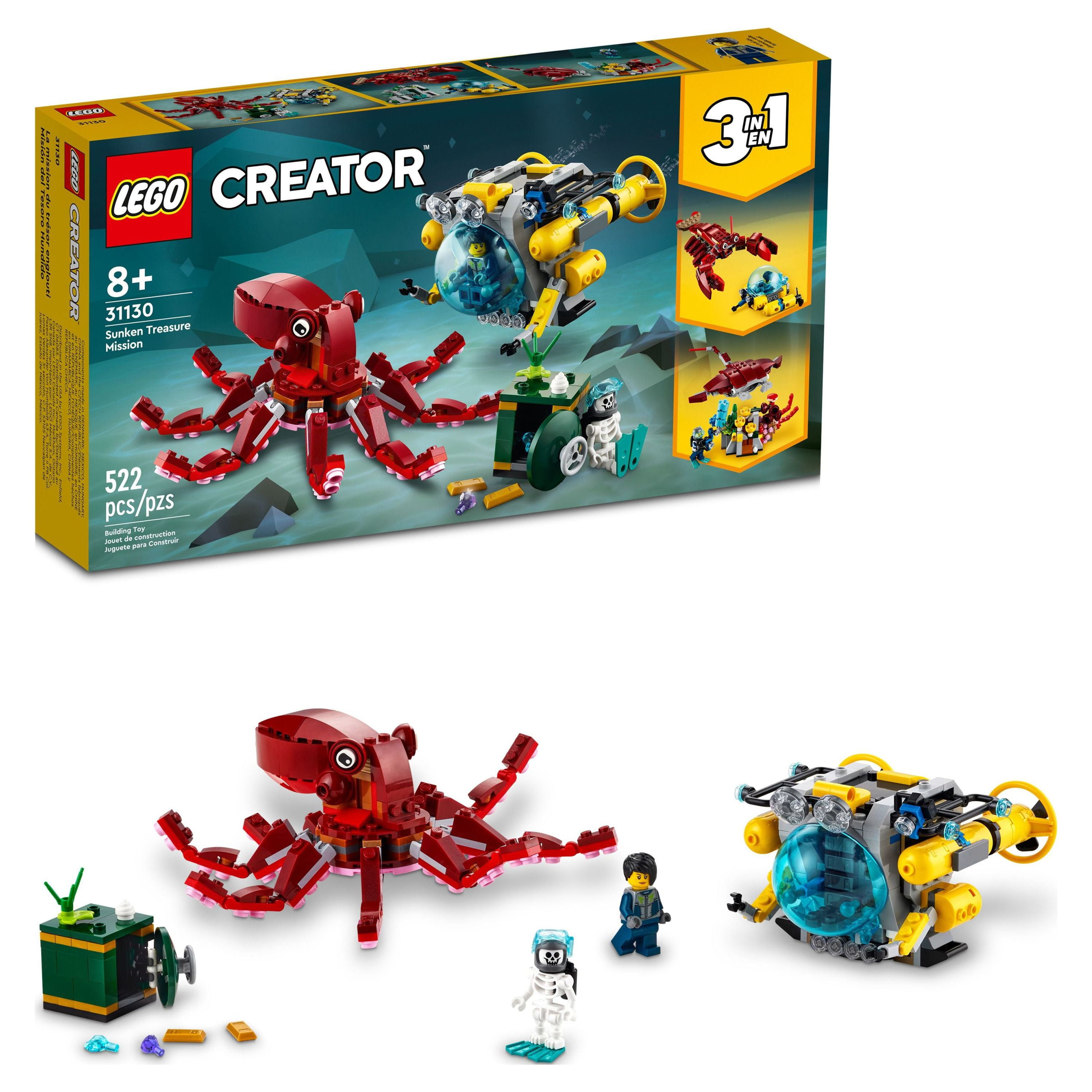 LEGO Creator 3 in 1 Sunken Treasure Mission Submarine Toy, Underwater  Creatures Transform from Octopus tp Lobster to Manta Ray, Fun Sea Animal  Figures, 31130 