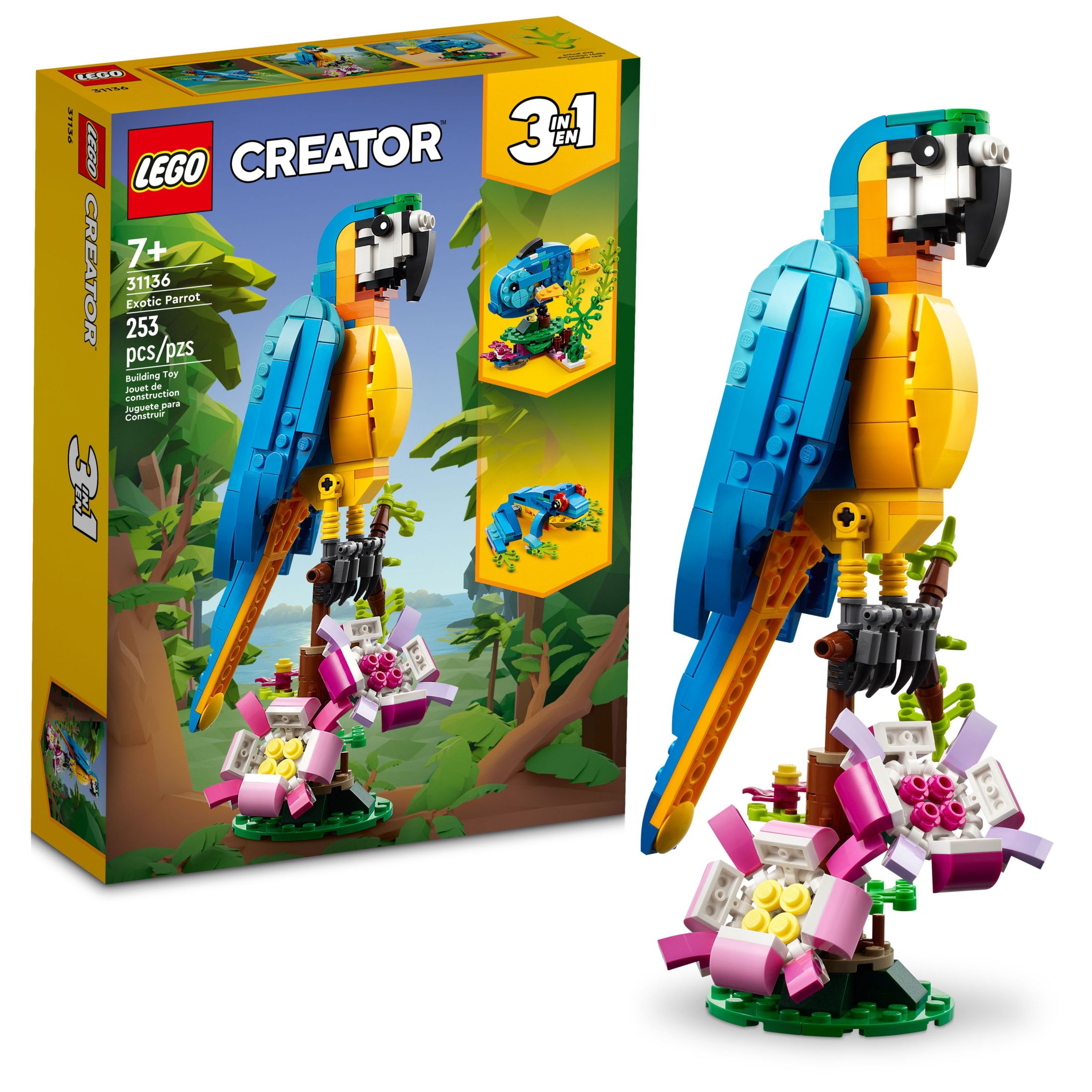 LEGO Creator 3 en 1 Figuras de Animales Loro Exótico a Rana a Pez Juguete de Construcción, Juguetes Creativos para Niños de 7 Años en Adelante, 31136