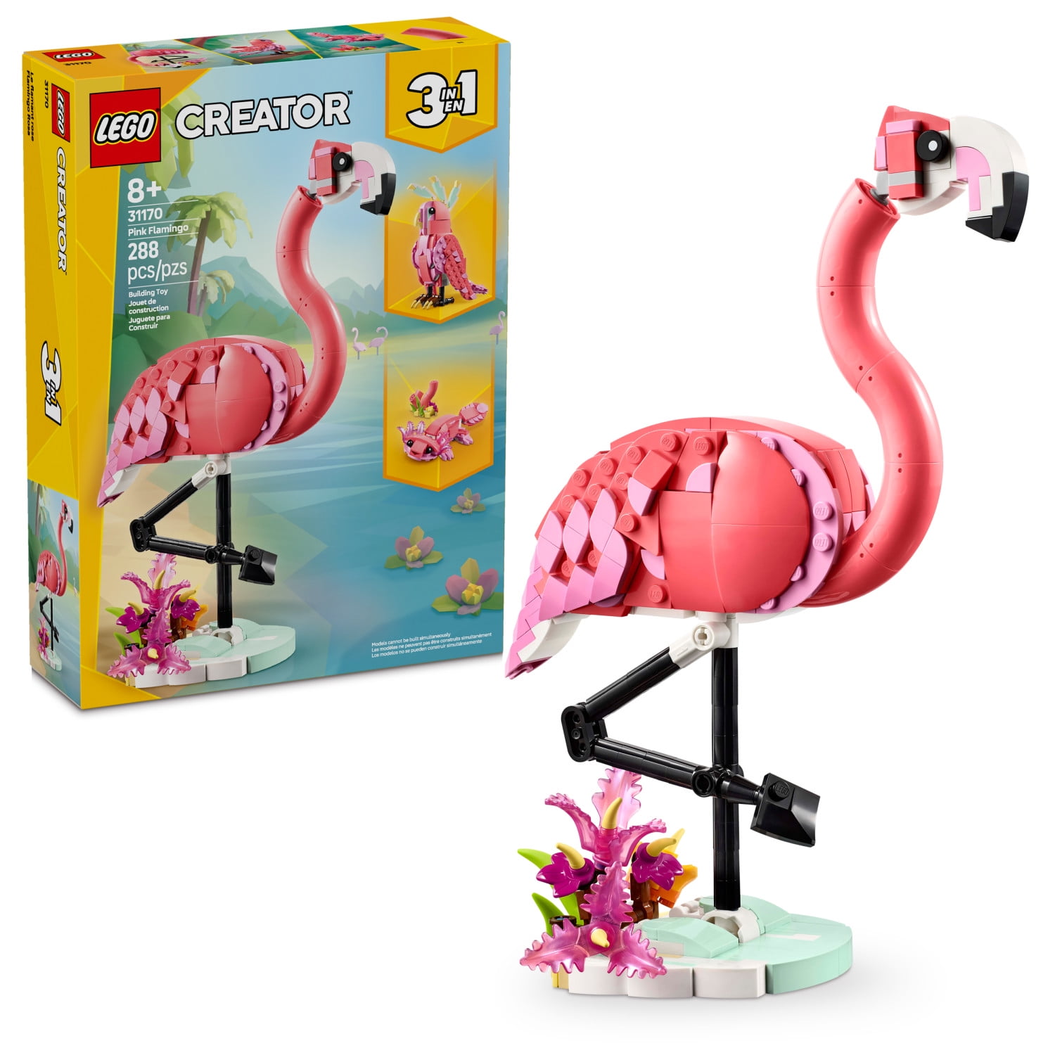 LEGO Creator 3 in 1 Wild Animals: Pink Flamingo Animal Building Toy - Building Toy with 3 Building Options, Pink Flamingo, Cockatoo, or Axolotl - Learning Toy for Kids Ages 8+- 31170