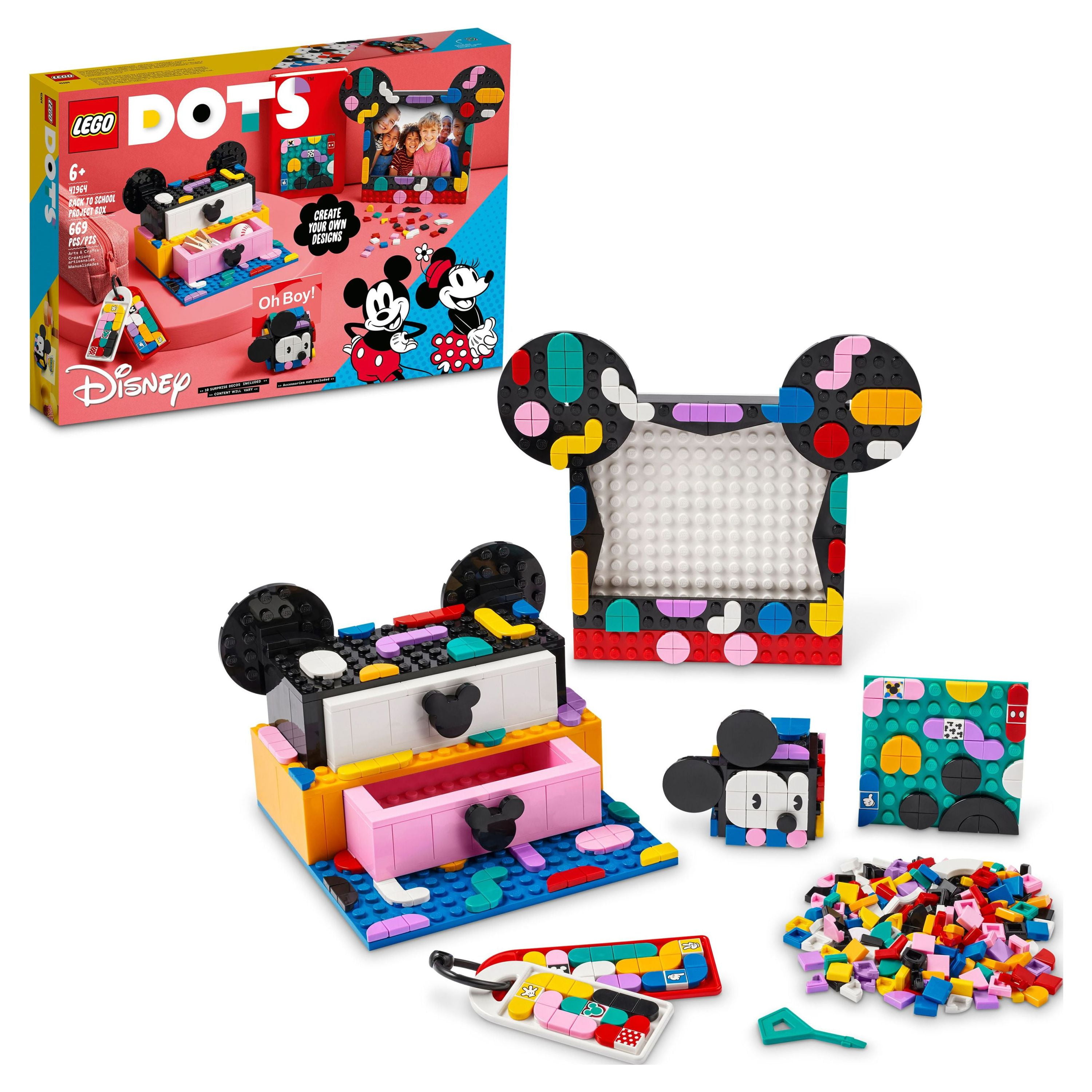 LEGO DOTS Disney Mickey & Minnie Mouse Back-to-School Project Box 41964,  6in1 Toy Crafts Set with Bag Tags, Sticker Patch and Desk Tidy, Gifts for