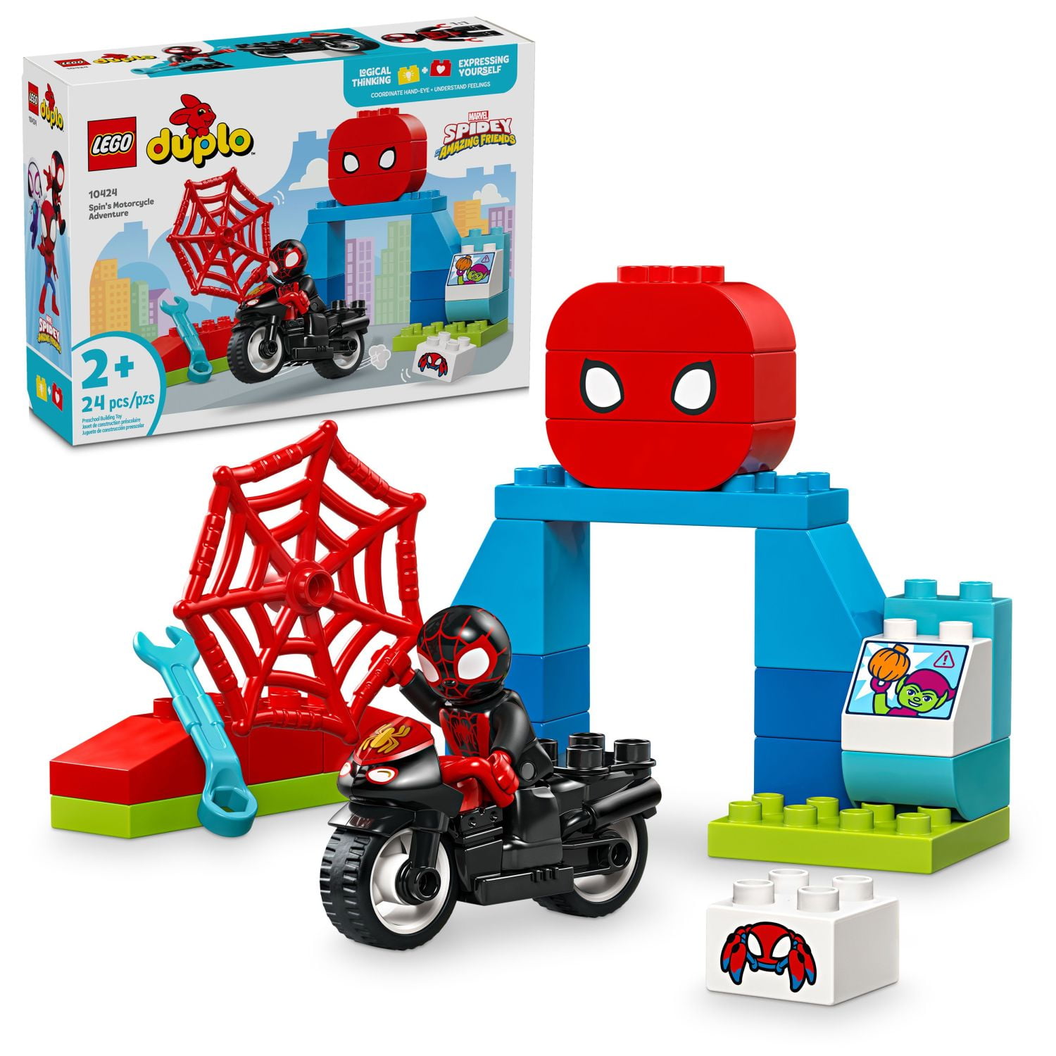 LEGO DUPLO Marvel Spins Motorcycle Adventure, Spidey Fantasy Playset, Motorcycle Toy with Wheels, 10424