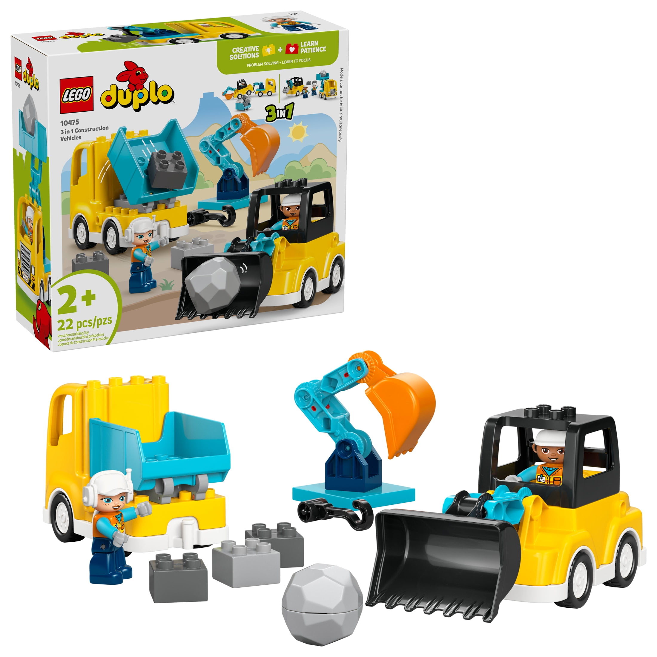 LEGO DUPLO Town 3 in 1 Construction Vehicles Toys for Toddlers - Learning & Pretend Play Set for Boys & Girls, Ages 2+ - Building Blocks for Fine Motor Skills Practice - Gift for Birthdays - 10475