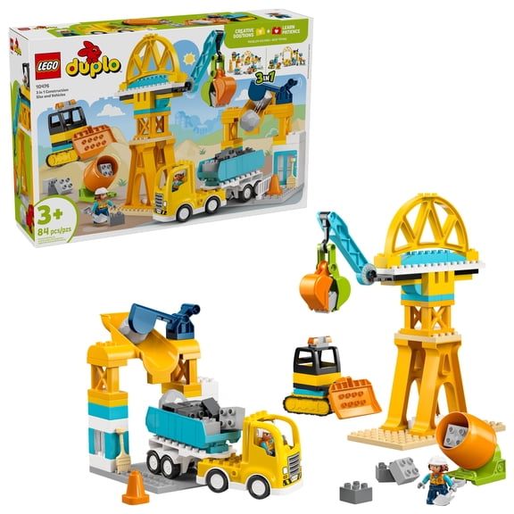 LEGO DUPLO Town 3 in 1 Construction Site and Vehicles Toys for Toddlers - Pretend Play Set for Boys & Girls, Ages 3+ - Building Blocks for Fine Motor Skills Practice - Gift for Birthdays - 10476