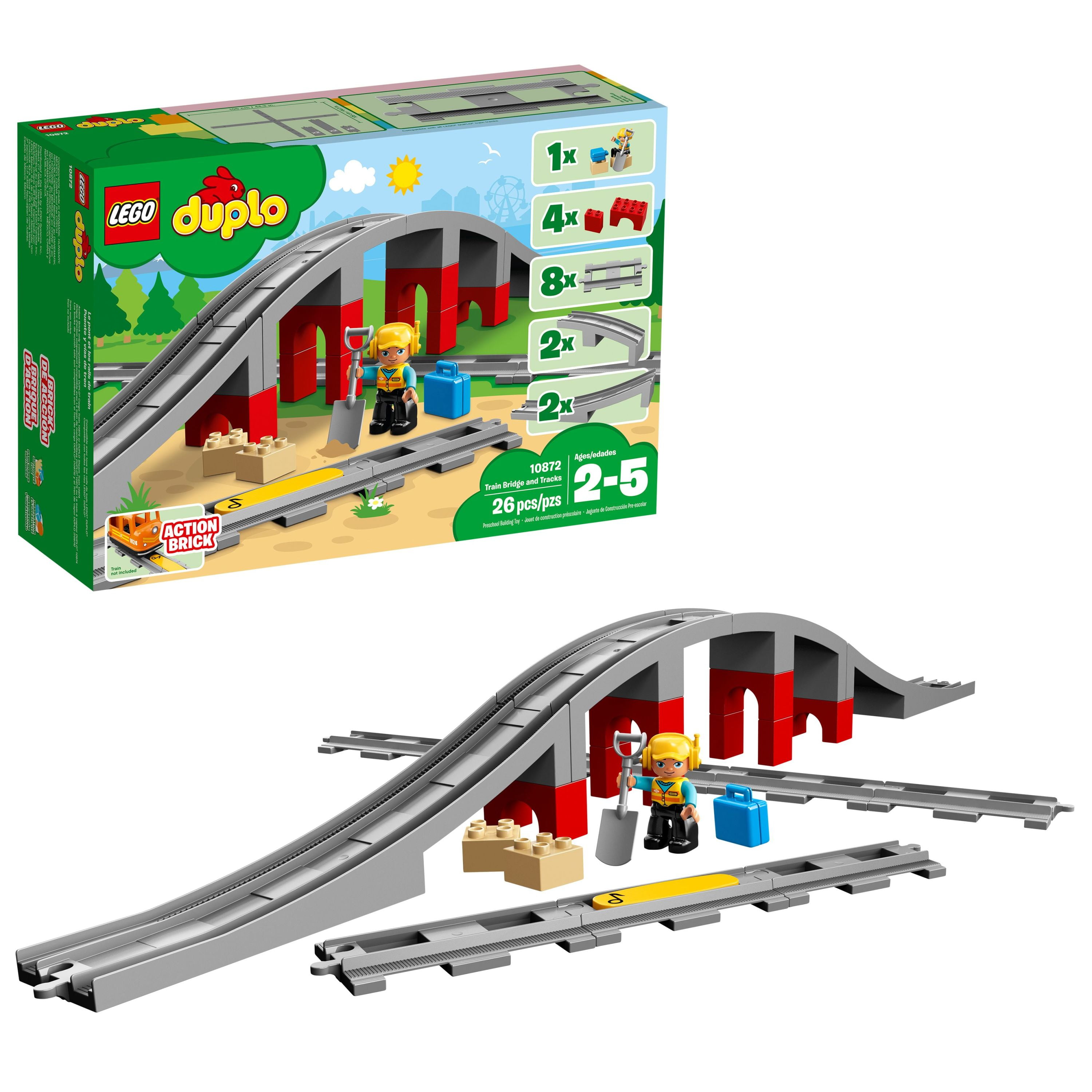 LEGO DUPLO Town Train Bridge and Tracks 10872 - Set for Kids and Toddlers, Railway Building Bricks Set with a Bridge, Figure, and Horn Sound Action Brick, Great Gift for Boys