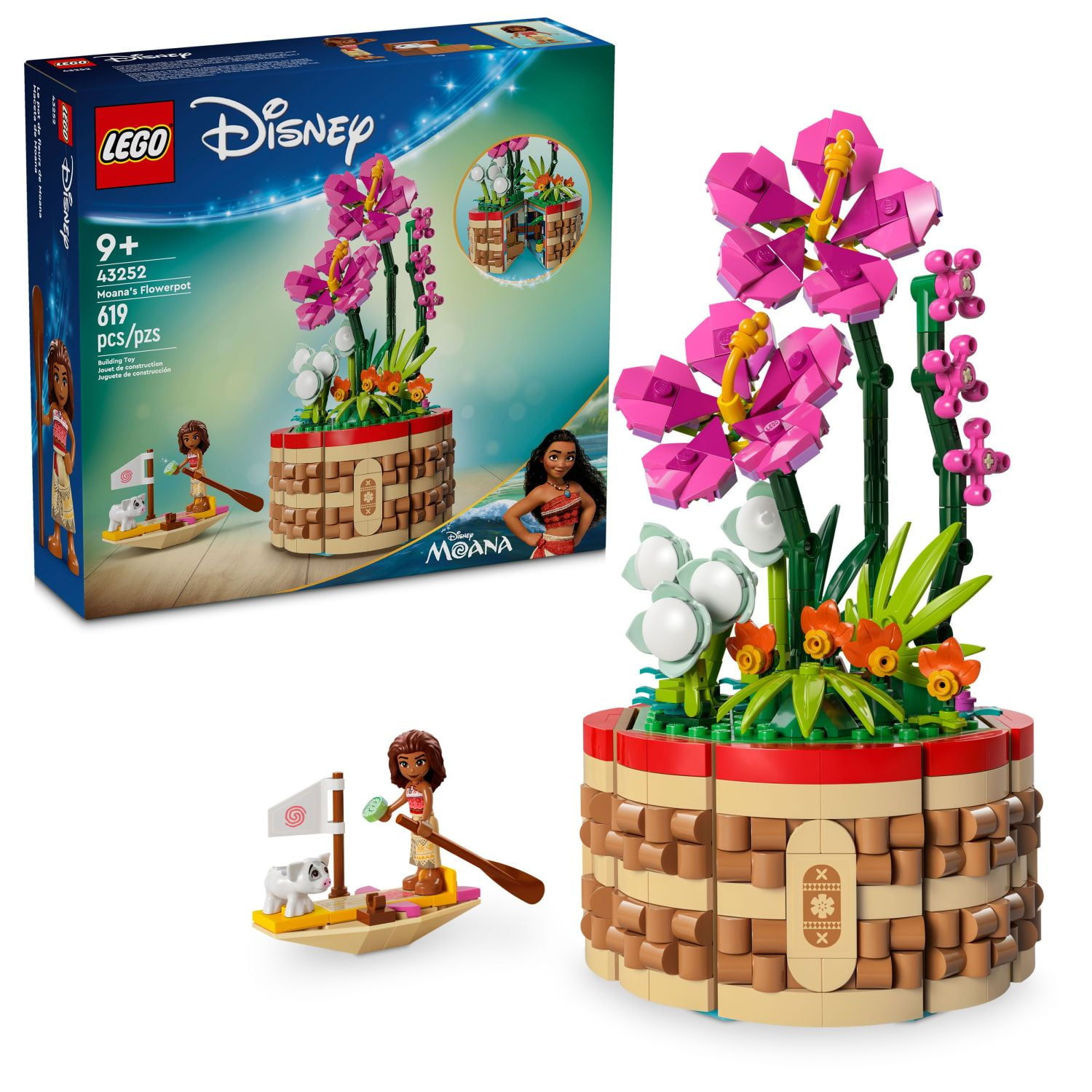LEGO | Disney Moanas Flowerpot Buildable Flower Toy, Playset for Kids Includes Pig Figures, Moana Doll, Hidden Room, and Sailboat, Disney Birthday Gift Idea for Girls and Boys, 43252