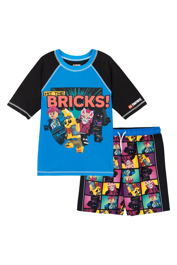 Fortnite Brite Bomber Drift Raven Raglan Rash Guard and Swim Trunks UPF 50+ Outfit Set Toddler to Big Kid