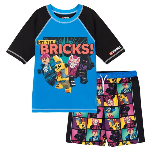 LEGO Fortnite Brite Bomber Drift Raven Raglan Rash Guard and Swim Trunks UPF 50+ Outfit Set Toddler to Big Kid