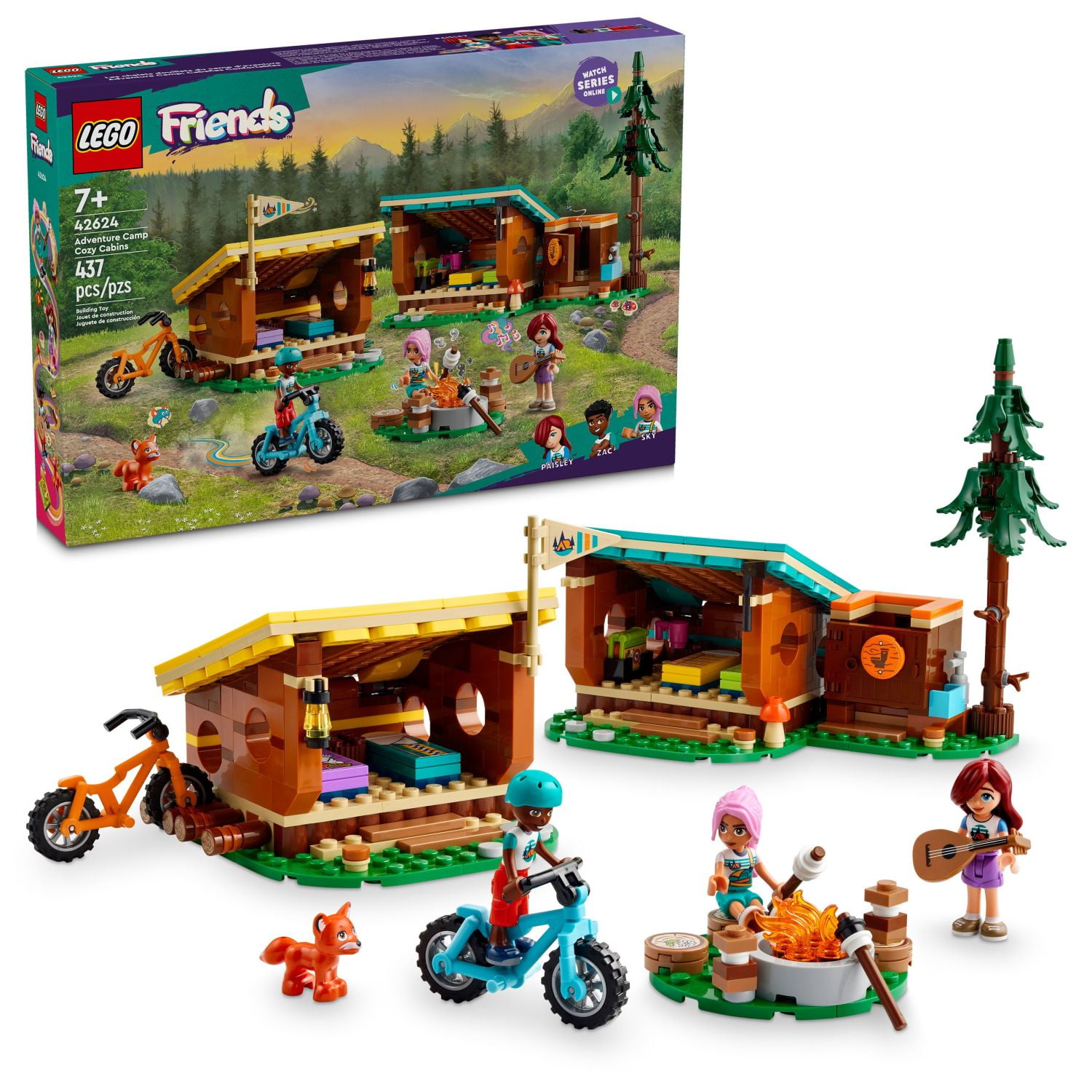 LEGO Friends Adventure Camp Cozy Cabins Camping Toy, Kids Nature Playset, Pretend Play Toy with 3 Mini Doll Characters and a Fox Toy Figure, Birthday Gift Idea for 7 Year Olds and Up, 42624