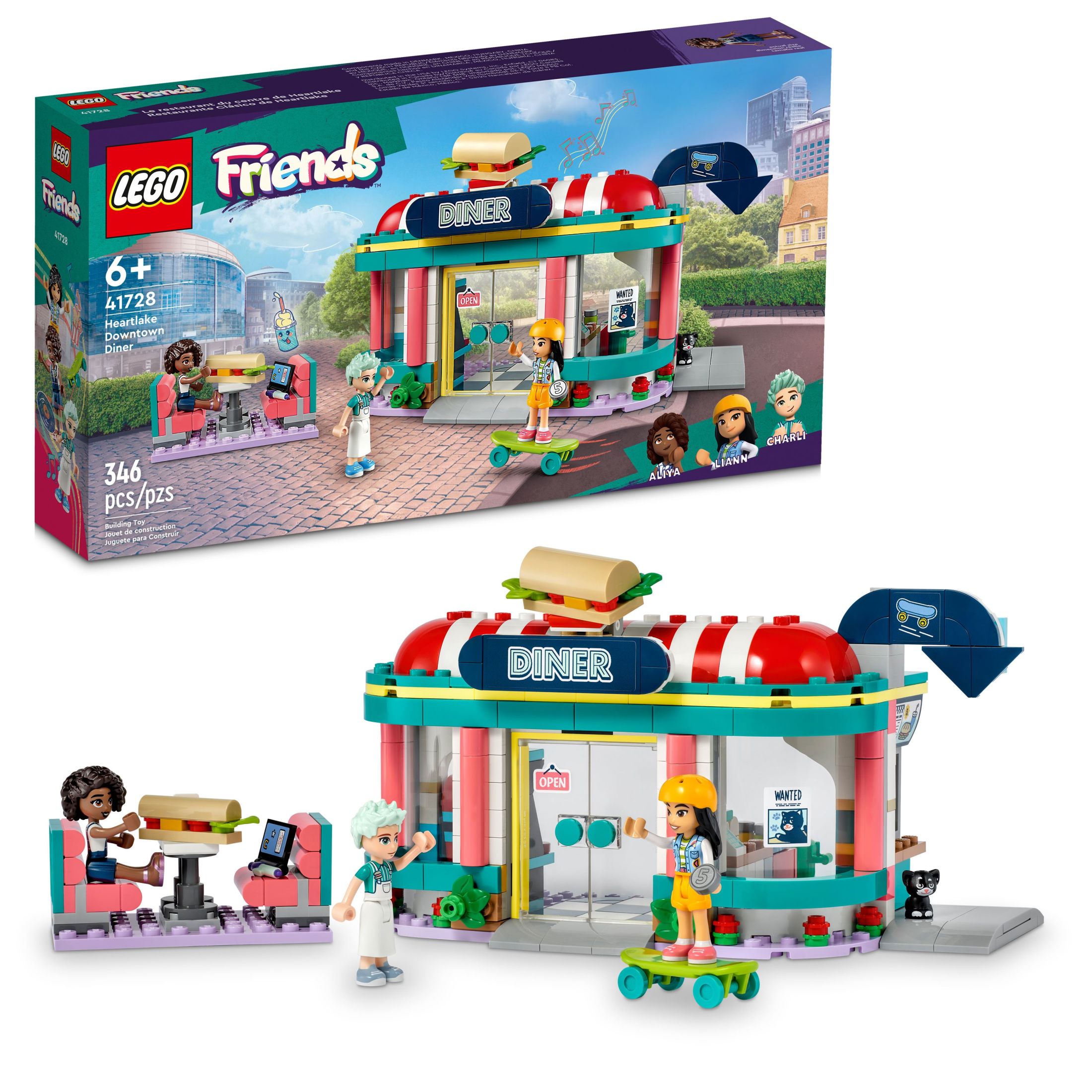 LEGO Friends Heartlake Downtown Diner 41728 Building Toy - Restaurant Pretend Playset with Food, Includes Mini-Dolls Liann, Aliya, and Charli, Birthday Gift Toy Set for Boys and Girls Ages 6+ - image 1 of 8