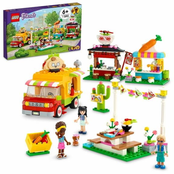 LEGO Friends Street Food Market 41701; New Food-Play Building Kit Promotes Imaginative Play; Includes Emma and Kitten Toy; Birthday Gift for Kids Aged 6+ (592 Pieces)