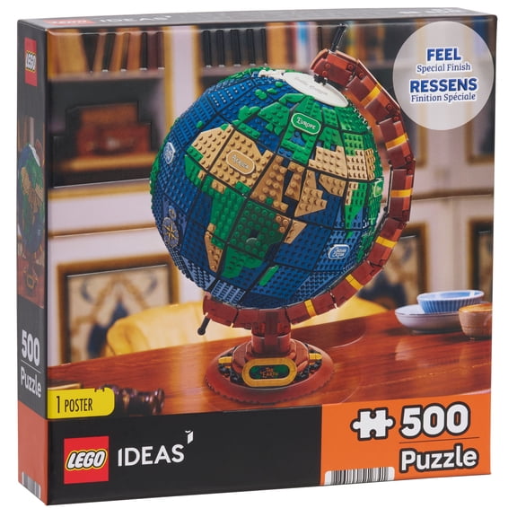 LEGO Ideas Globe Puzzle, 500 Pieces, 21.25 x 15 inches, Featuring Detailed World Map Design, Textured Jigsaw Puzzle with Poster, LEGO Fan Gift for Kids and Adults, Ages 8+