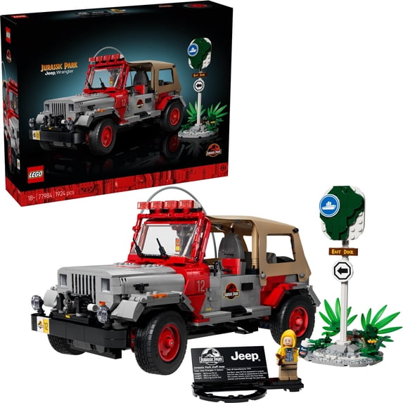 Collectible LEGO Jurassic Park Jeep Wrangler Set #77984 – 1,924 Pieces, 1:10 Scale Model with Working Winch, Opening Doors & Dennis Nedry Minifigure | Ages 18+