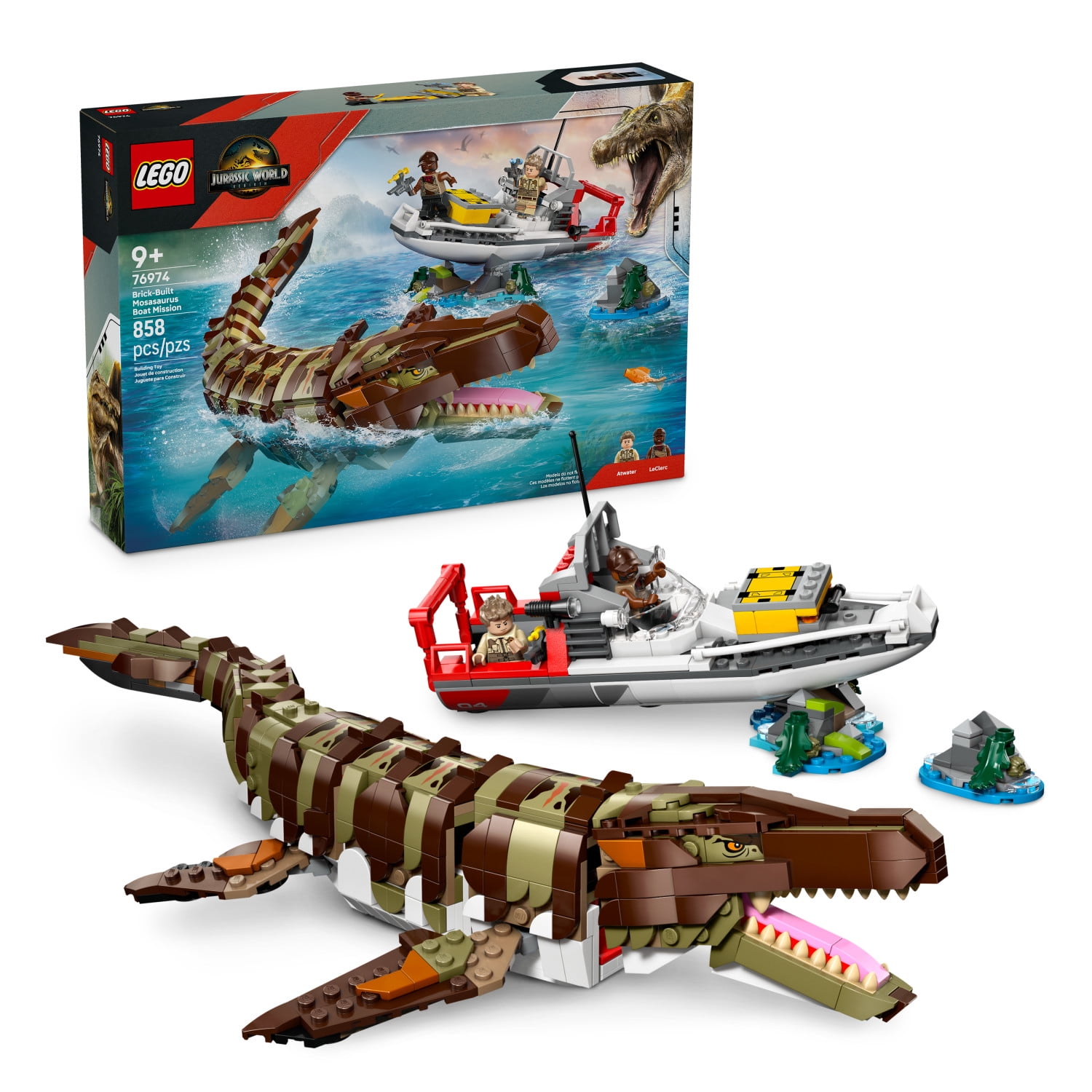 LEGO Jurassic World Brick-Built Mosasaurus Boat Mission Dinosaur Toy for Kids, Boys, and Girls, 9+ - Poseable Dinosaur plus LeClerc and Atwater Minifigures - Gift Idea for Young Movie Fans - 76794